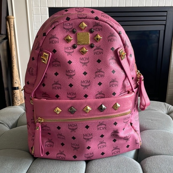 MCM Dual Stark Studded Visetos Pink Backpack - Picture 1 of 16